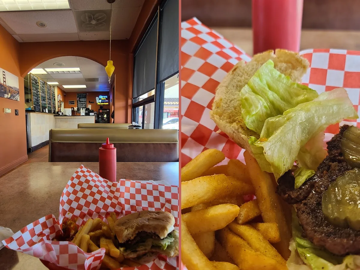 Counter service area inside a hamburger restaurant.